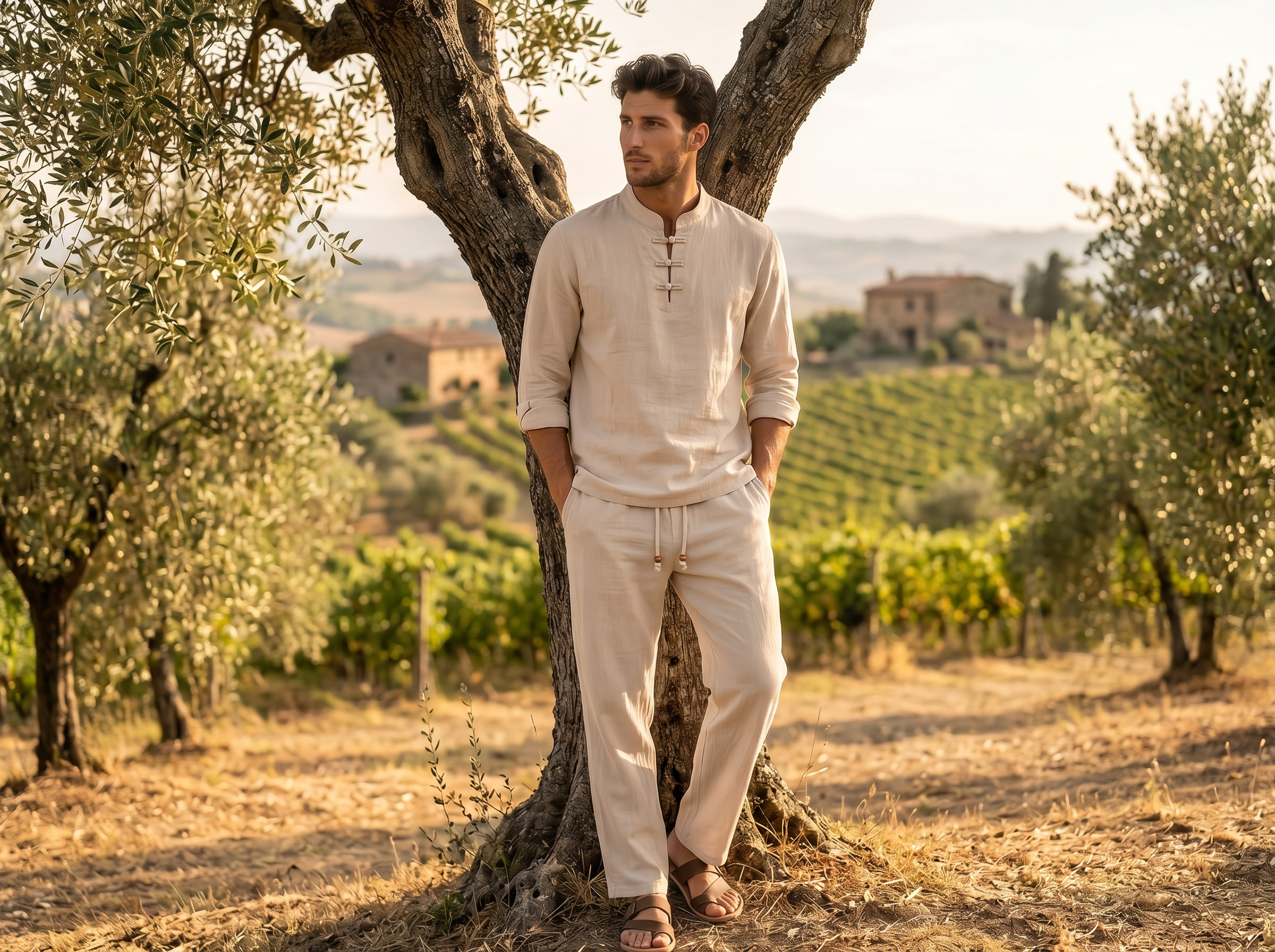 Linen Band Collar Set – Long Sleeve Shirt & Drawstring Trousers