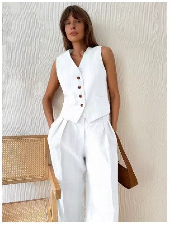 Linen Tailored Waistcoat Set with Wide-Leg Trousers