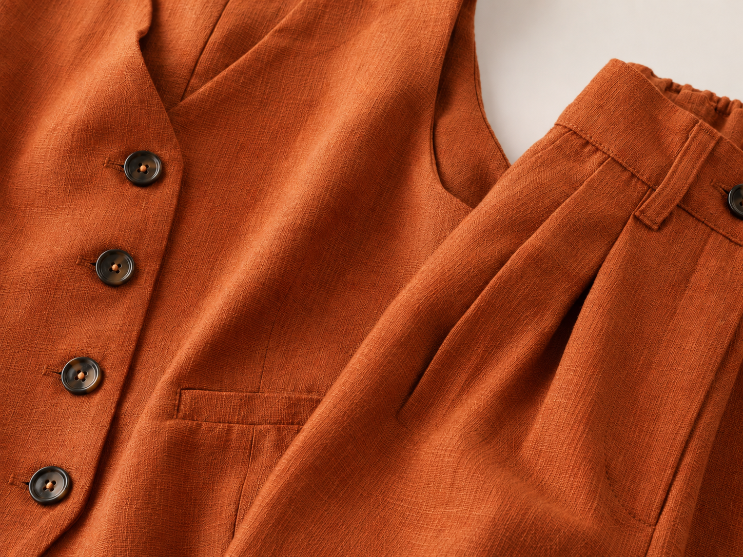 Linen Tailored Waistcoat Set with Wide-Leg Trousers
