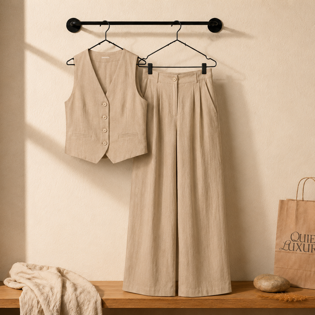Linen Tailored Waistcoat Set with Wide-Leg Trousers