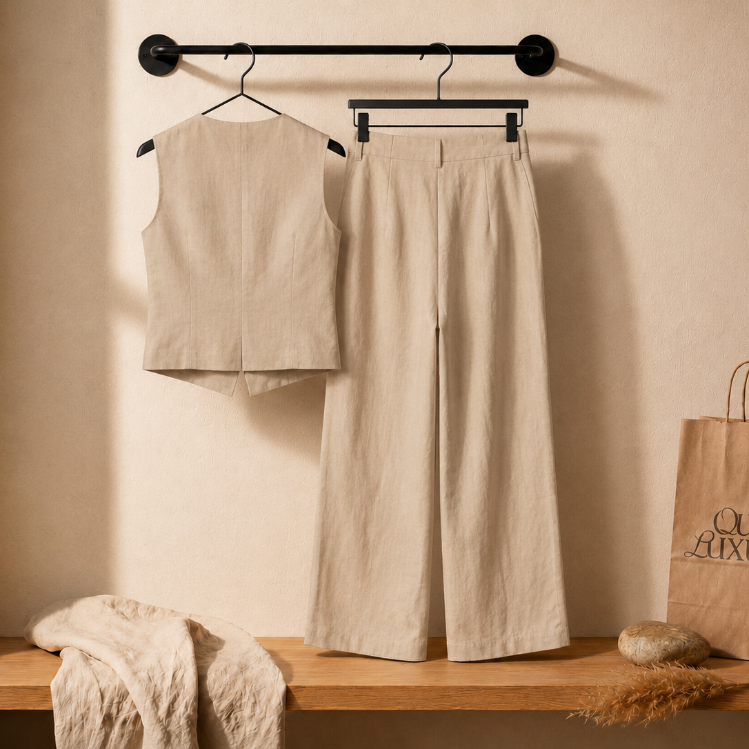 Linen Tailored Waistcoat Set with Wide-Leg Trousers