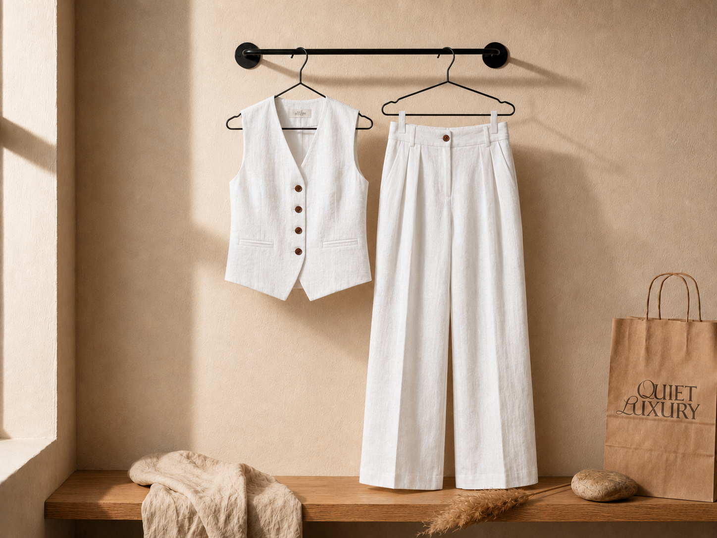 Linen Tailored Waistcoat Set with Wide-Leg Trousers