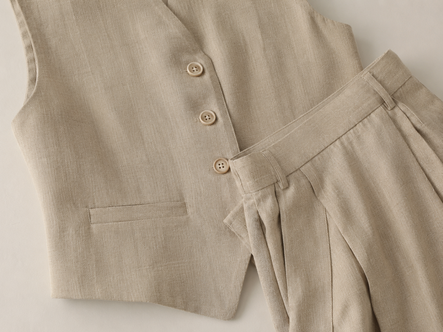 Linen Tailored Waistcoat Set with Wide-Leg Trousers