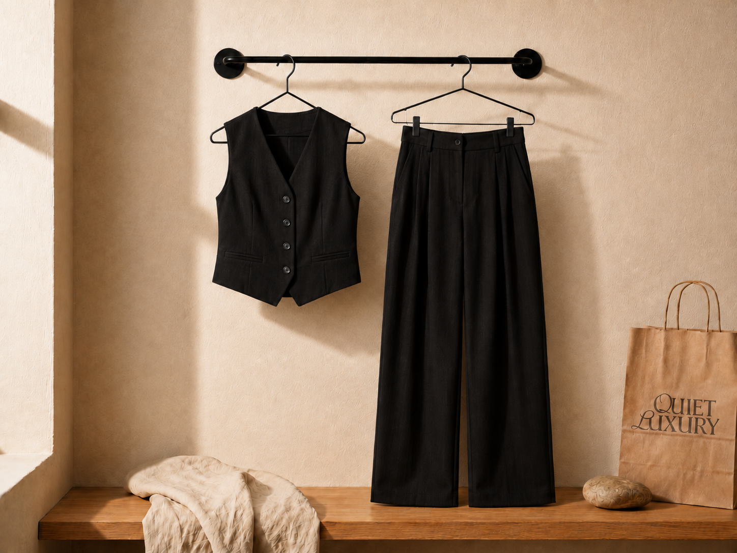 Linen Tailored Waistcoat Set with Wide-Leg Trousers