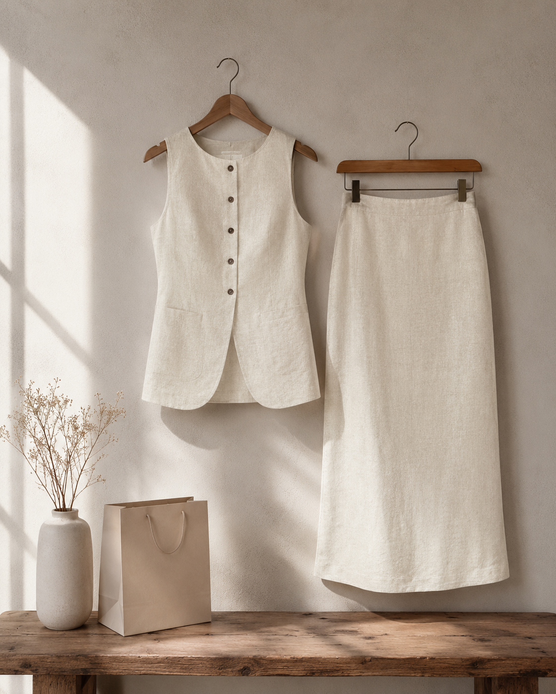 Linen Riviera Midi Set with Longline Waistcoat and Skirt