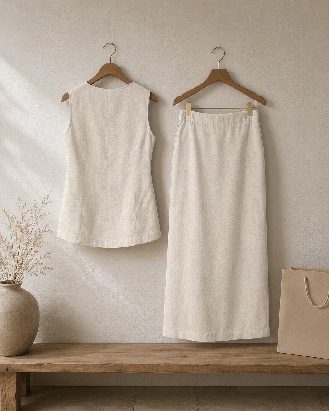 Linen Riviera Midi Set with Longline Waistcoat and Skirt