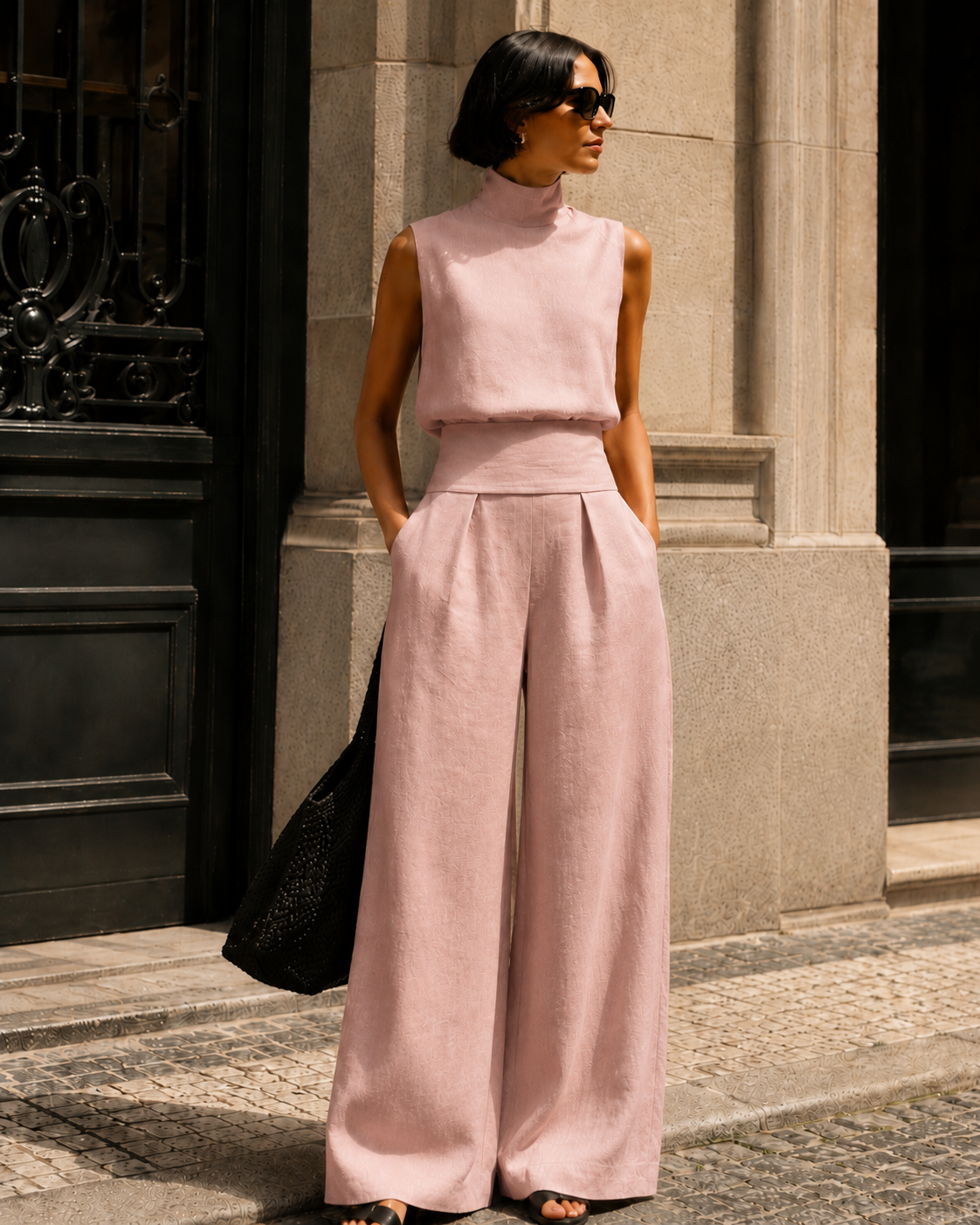 Sculpted Linen Co-ord Set with High-Neck Top and Wide-Leg Trousers