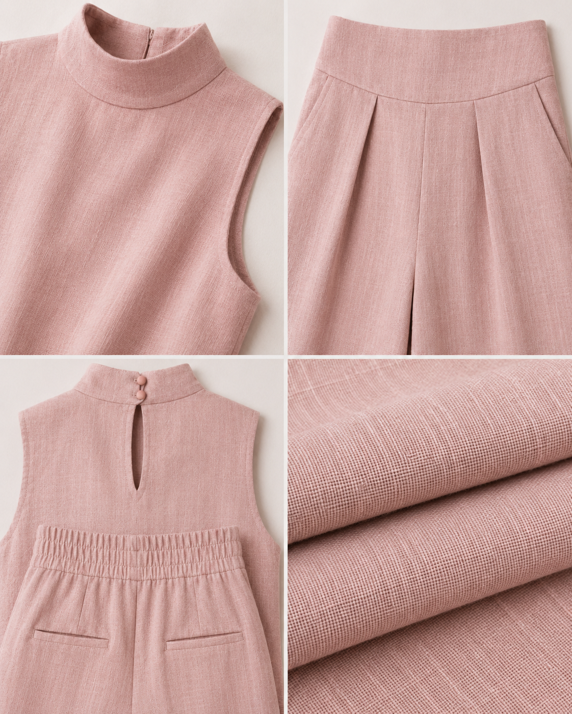 Sculpted Linen Co-ord Set with High-Neck Top and Wide-Leg Trousers