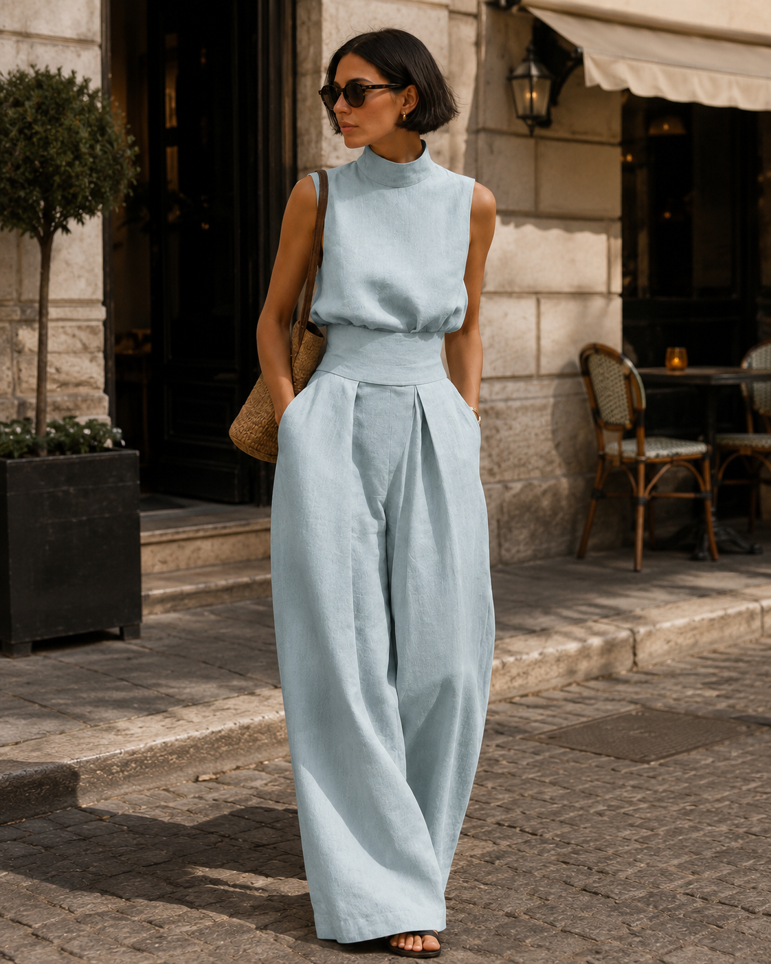 Sculpted Linen Co-ord Set with High-Neck Top and Wide-Leg Trousers