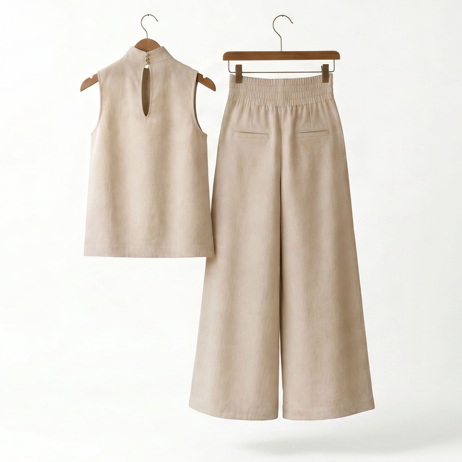 Sculpted Linen Co-ord Set with High-Neck Top and Wide-Leg Trousers