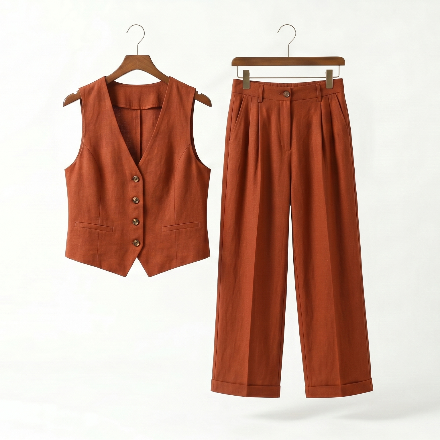 Linen Tailored Waistcoat Set with Wide-Leg Trousers