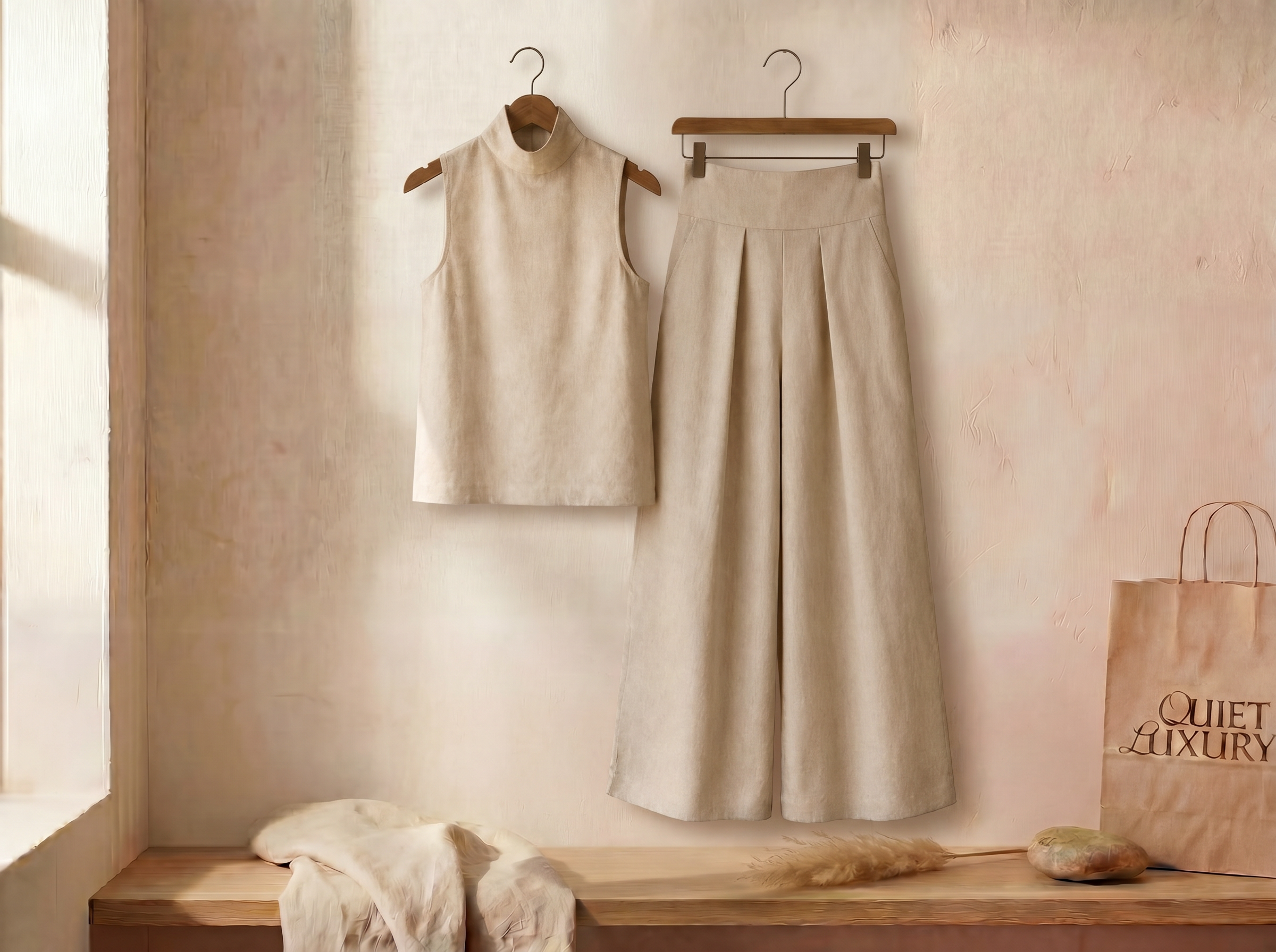 Sculpted Linen Co-ord Set with High-Neck Top and Wide-Leg Trousers