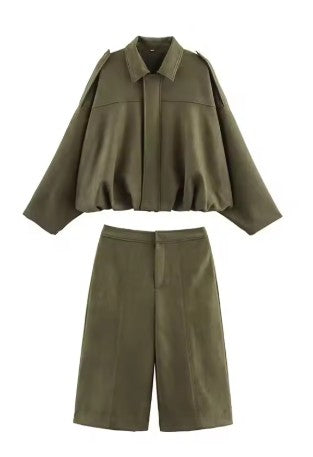 Atelier Suede Set with Oversized Jacket and Bermuda Shorts