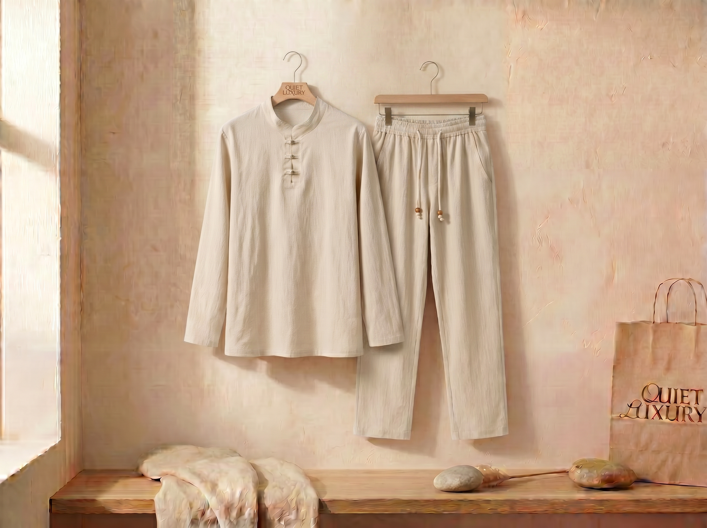 Linen Band Collar Set – Long Sleeve Shirt & Drawstring Trousers