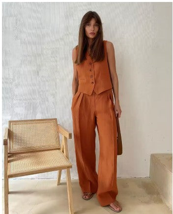 Linen Tailored Waistcoat Set with Wide-Leg Trousers