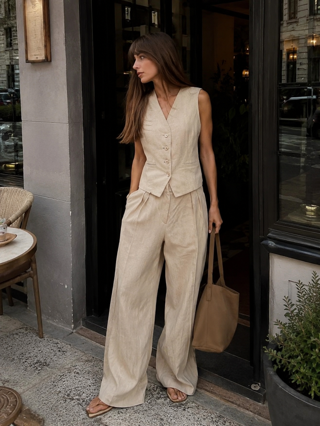 Linen Tailored Waistcoat Set with Wide-Leg Trousers