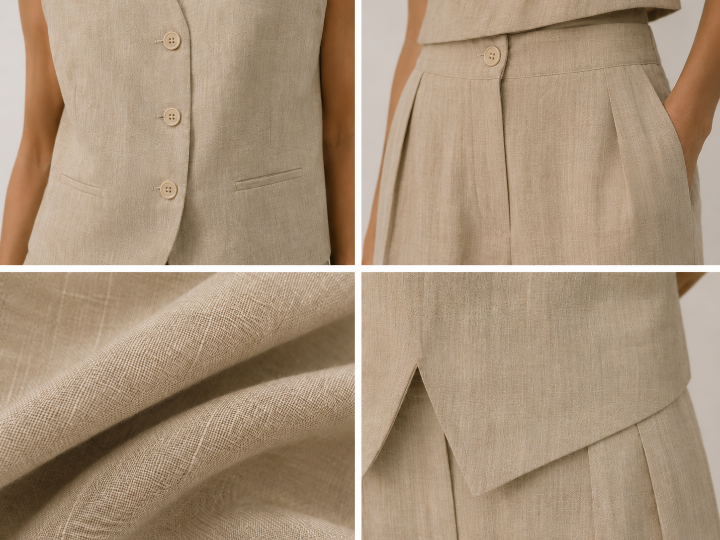 Linen Tailored Waistcoat Set with Wide-Leg Trousers