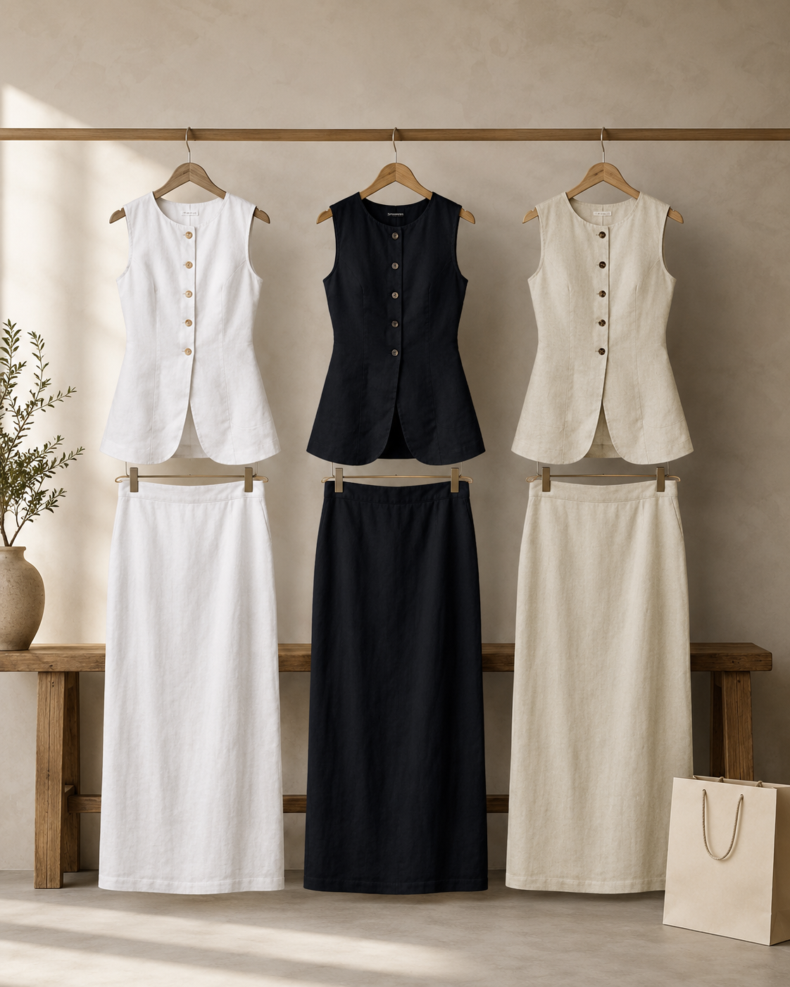 Linen Riviera Midi Set with Longline Waistcoat and Skirt