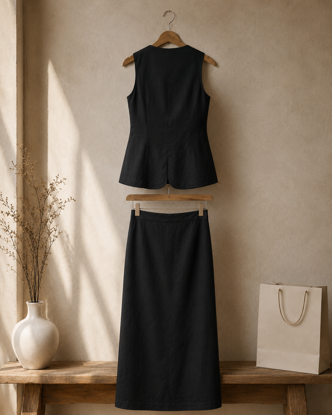 Linen Riviera Midi Set with Longline Waistcoat and Skirt