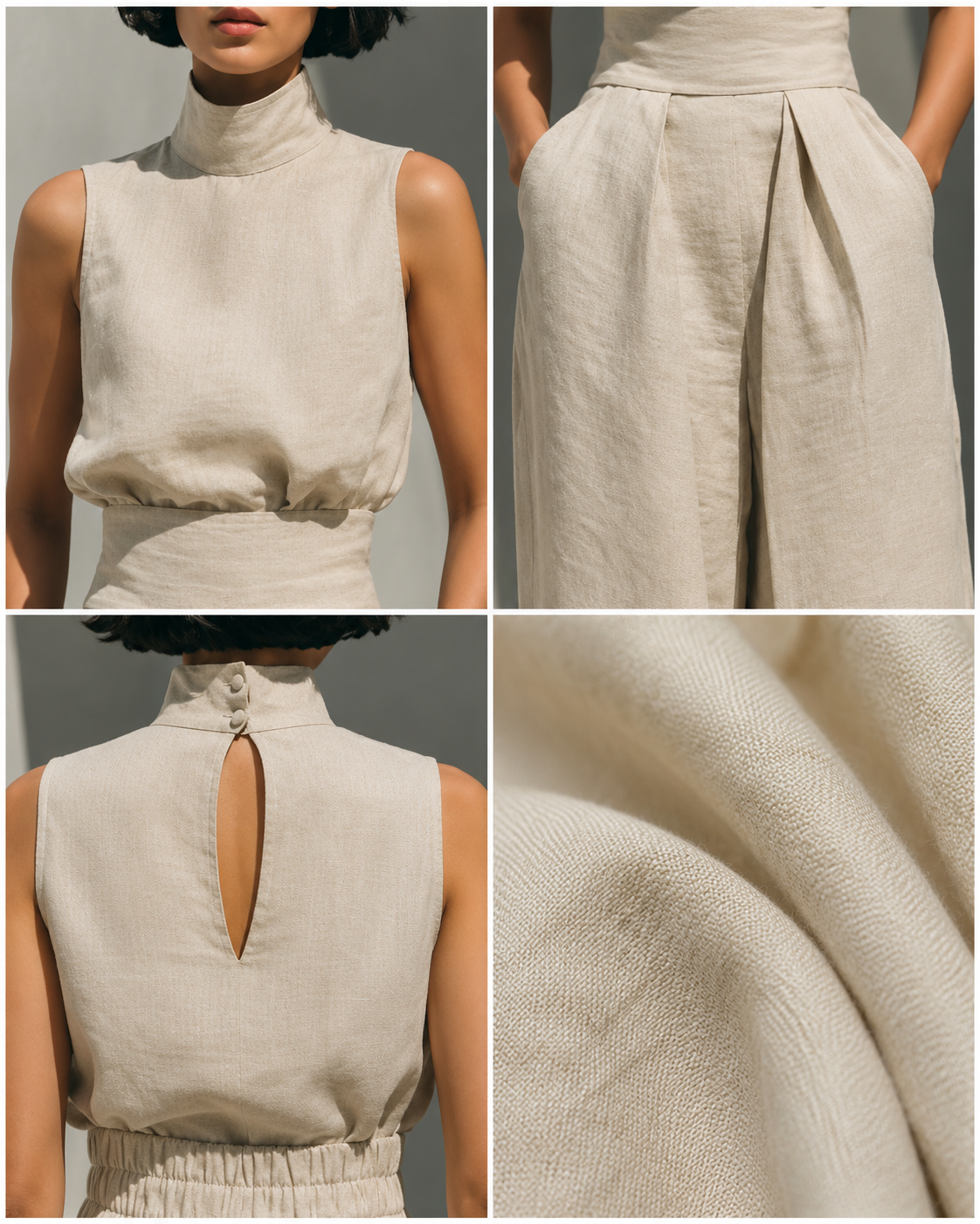 Sculpted Linen Co-ord Set with High-Neck Top and Wide-Leg Trousers