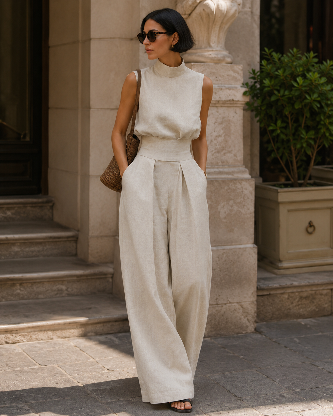 Sculpted Linen Co-ord Set with High-Neck Top and Wide-Leg Trousers
