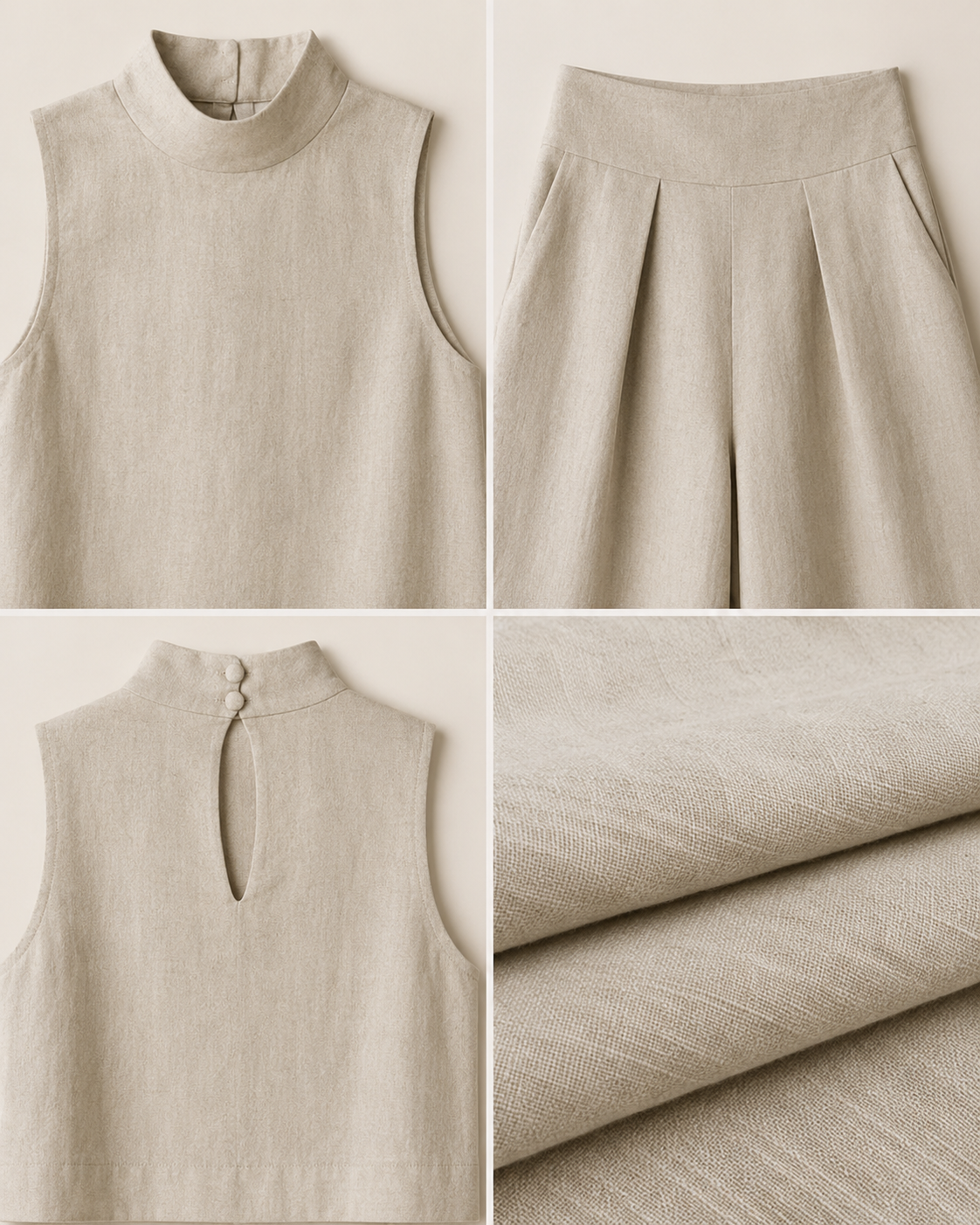 Sculpted Linen Co-ord Set with High-Neck Top and Wide-Leg Trousers