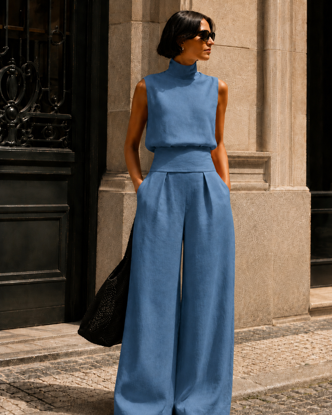 Sculpted Linen Co-ord Set with High-Neck Top and Wide-Leg Trousers