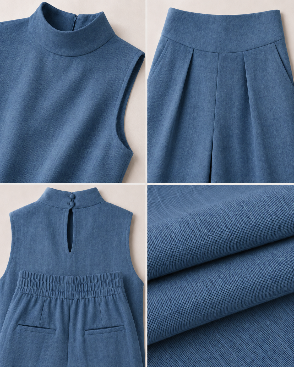 Sculpted Linen Co-ord Set with High-Neck Top and Wide-Leg Trousers