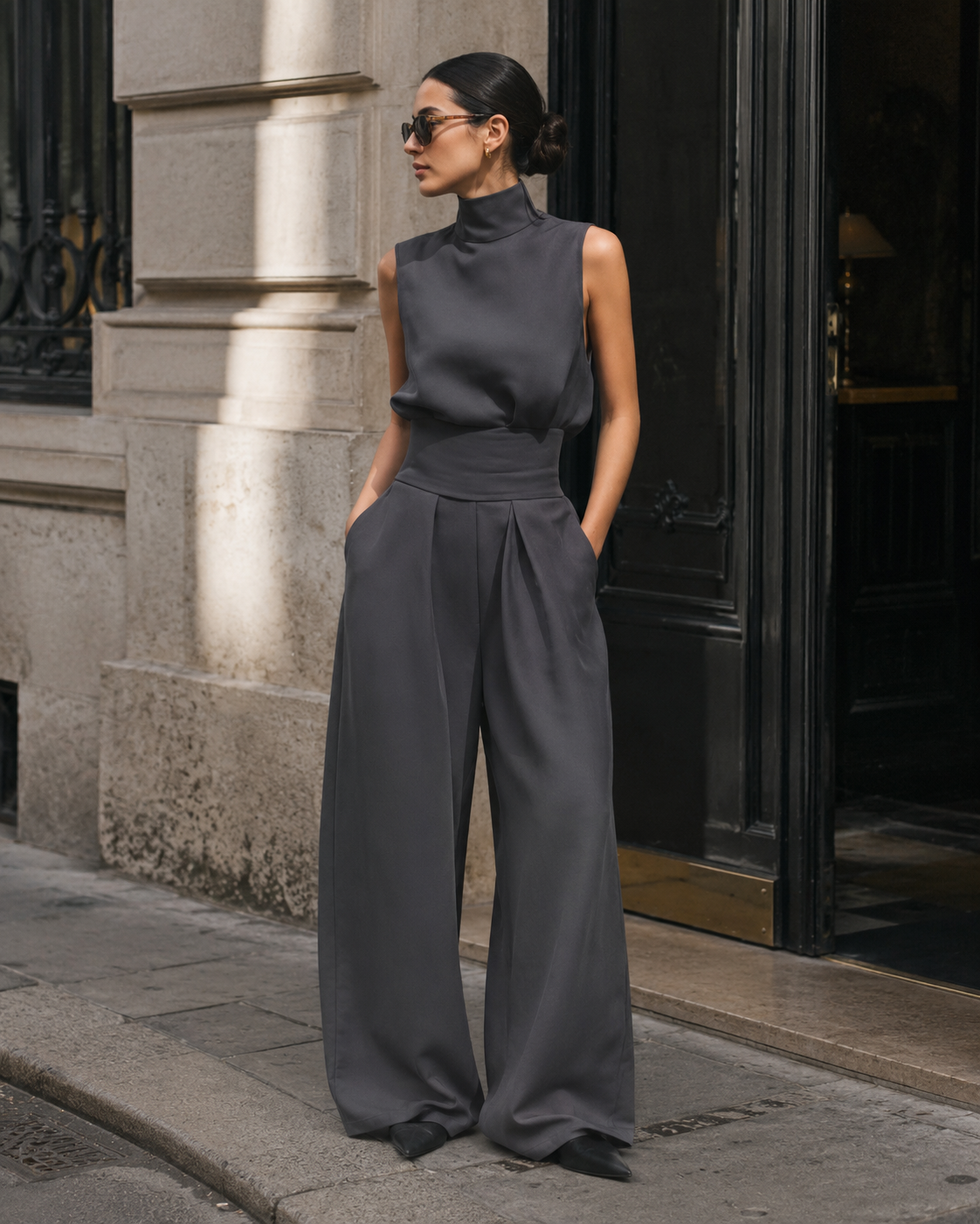 Sculpted Linen Co-ord Set with High-Neck Top and Wide-Leg Trousers