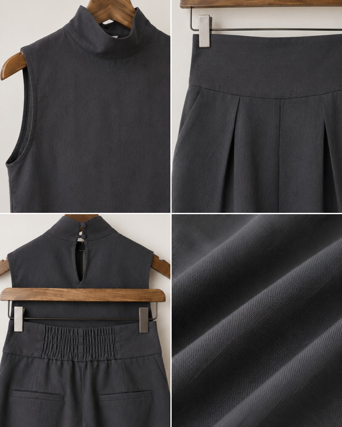 Sculpted Linen Co-ord Set with High-Neck Top and Wide-Leg Trousers