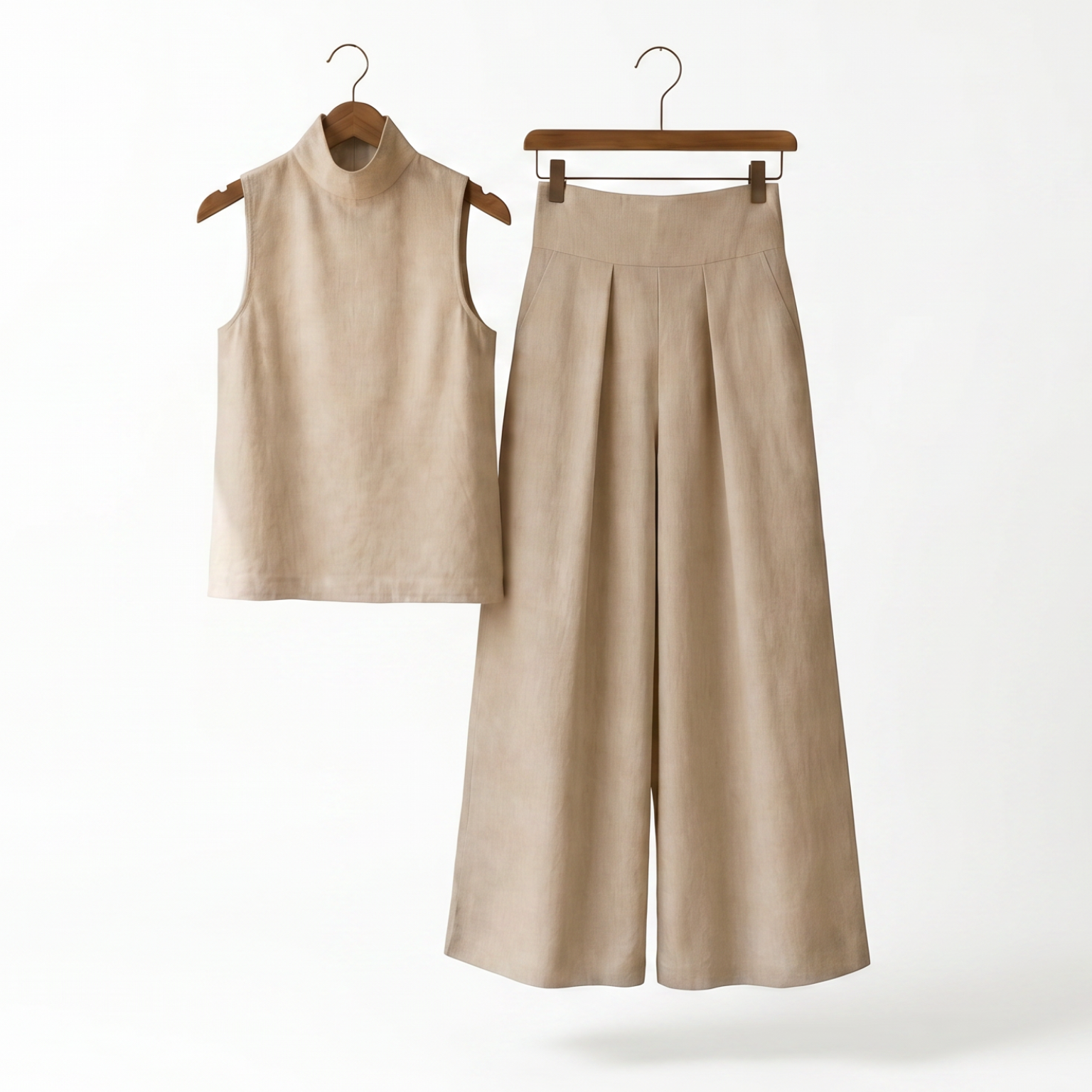 Sculpted Linen Co-ord Set with High-Neck Top and Wide-Leg Trousers