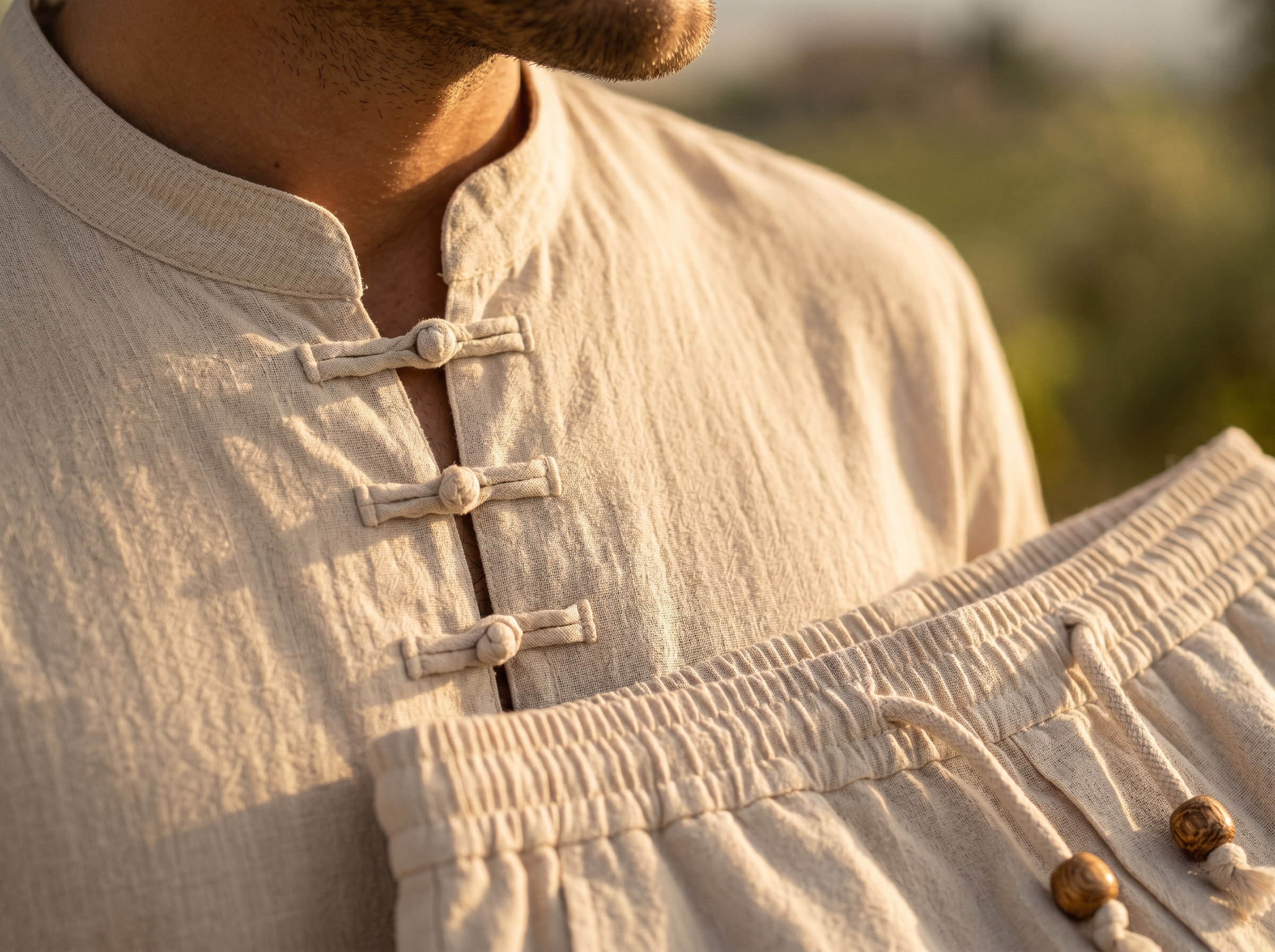 Linen Band Collar Set – Long Sleeve Shirt & Drawstring Trousers