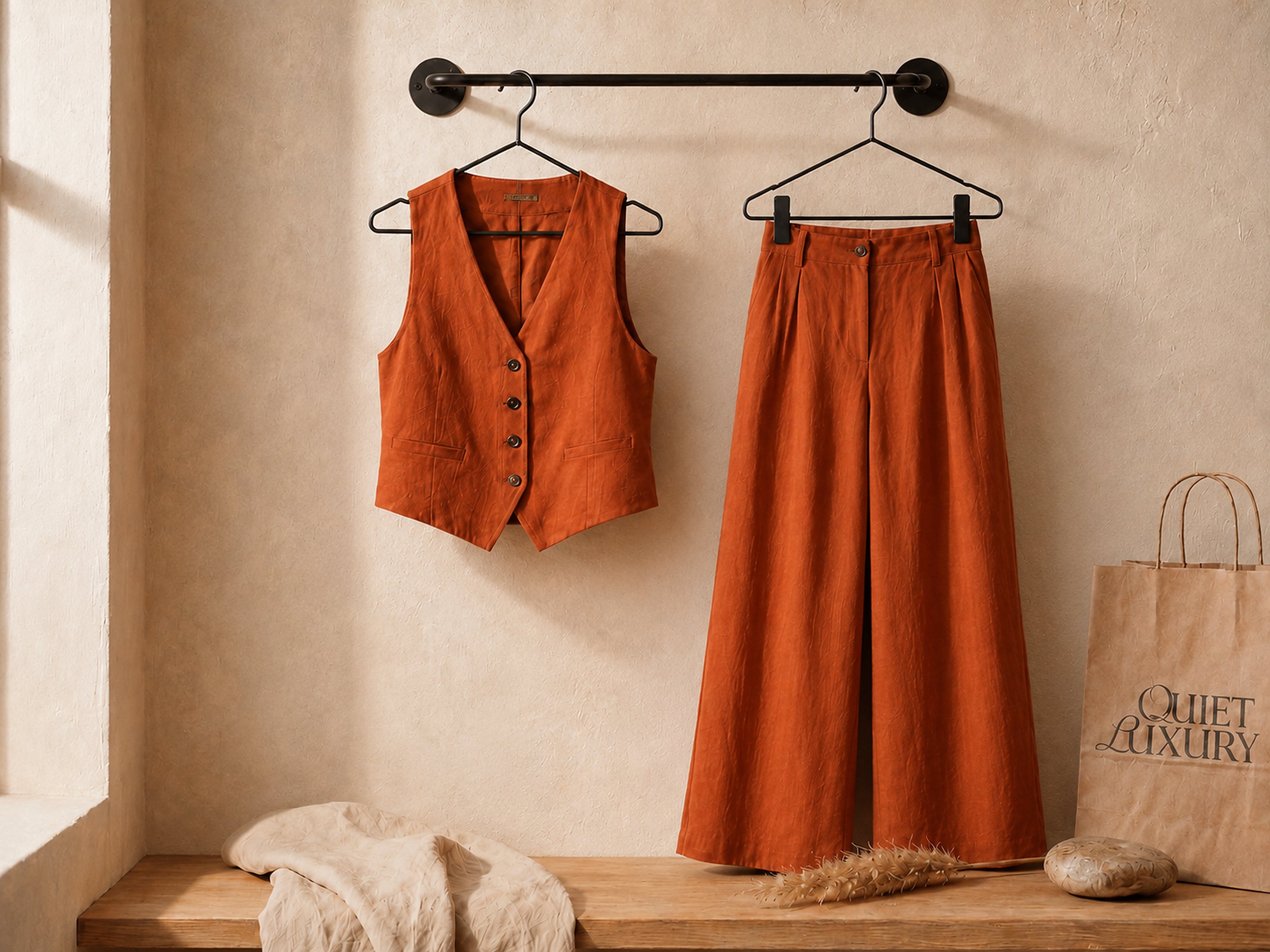Linen Tailored Waistcoat Set with Wide-Leg Trousers